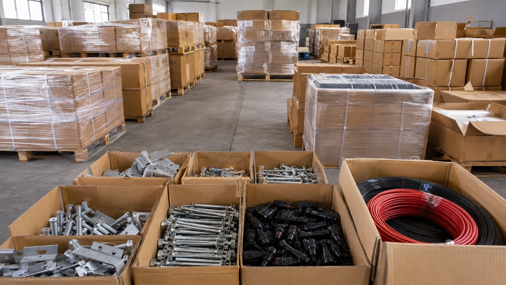 Warehouse stock cartons and mixed solar accessories for distributors