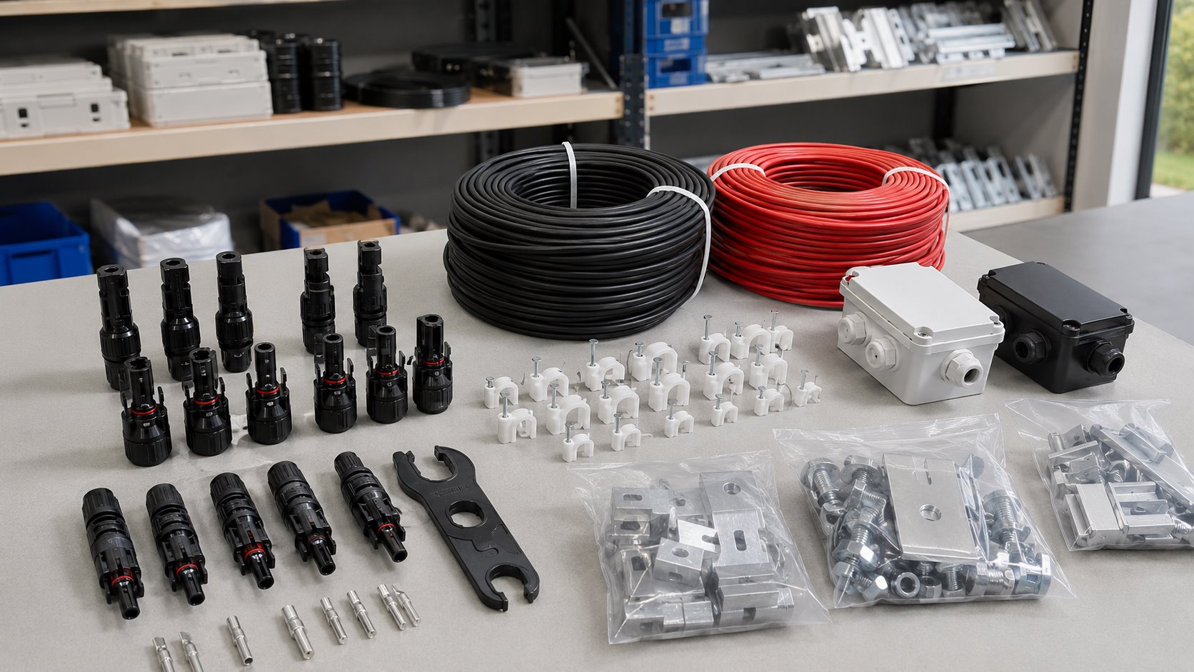 PV cable, MC4 connectors and small solar accessories prepared for solar shop stock