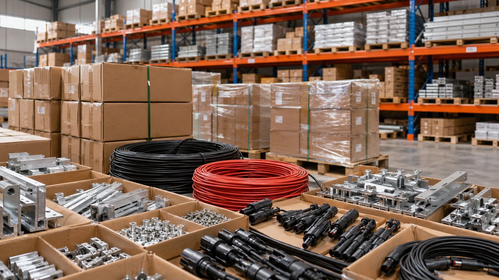 BOLTPV warehouse stock with packed PV cables, MC4 connectors and mounting accessories