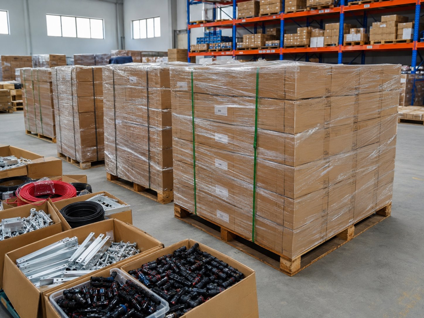 Export pallets and boxes packed for solar mounting accessories and PV electrical components