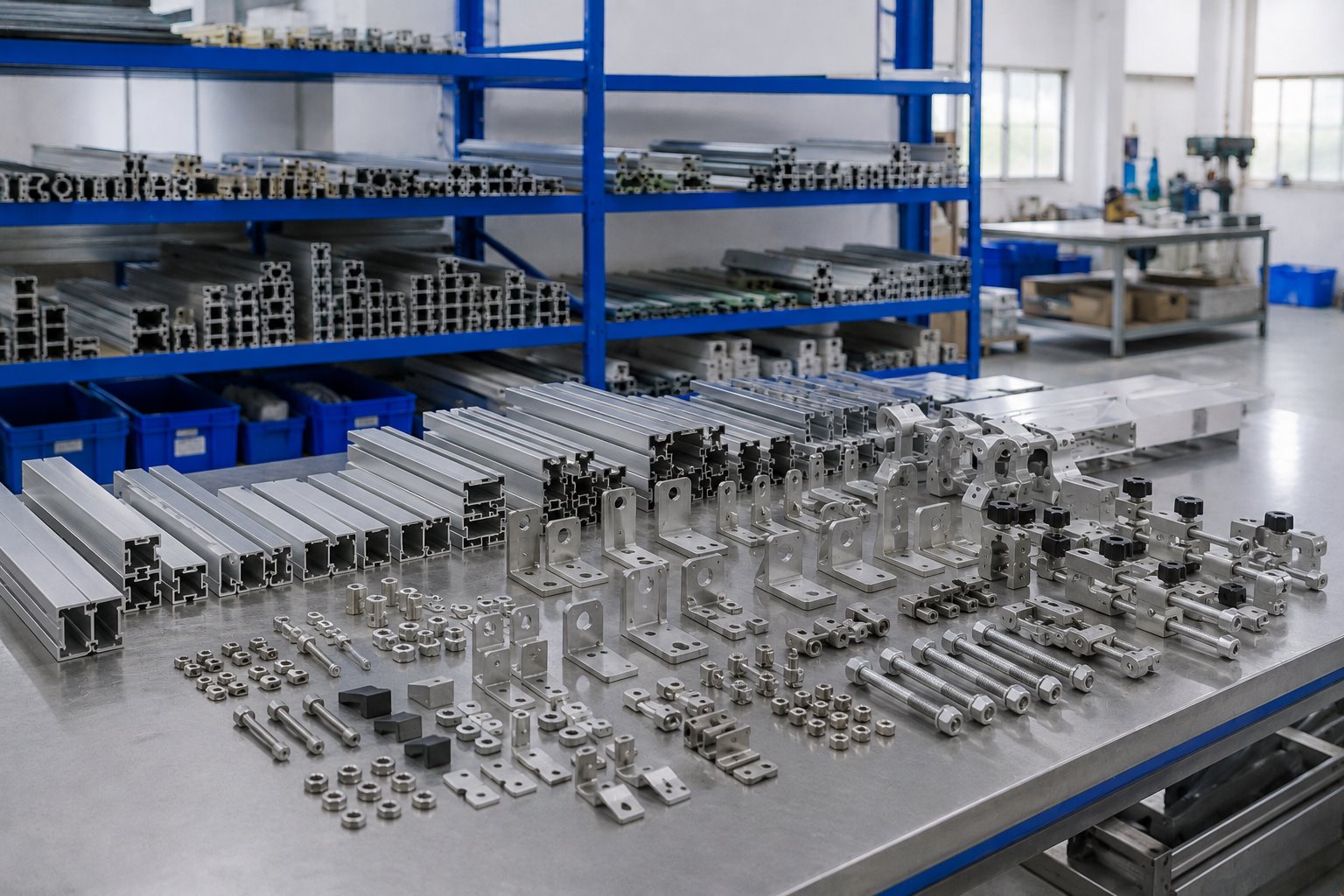 Aluminum mounting rails and solar bracket accessories arranged in a workshop