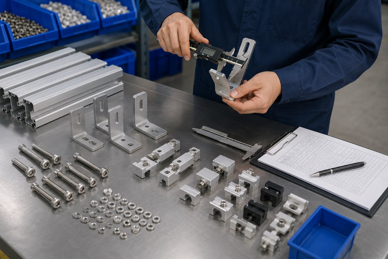 Worker checking solar mounting accessories with calipers on an inspection table