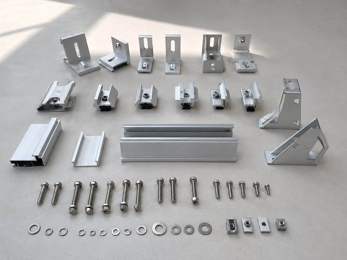 Solar mounting hardware including roof hooks, hanger bolts and clamps