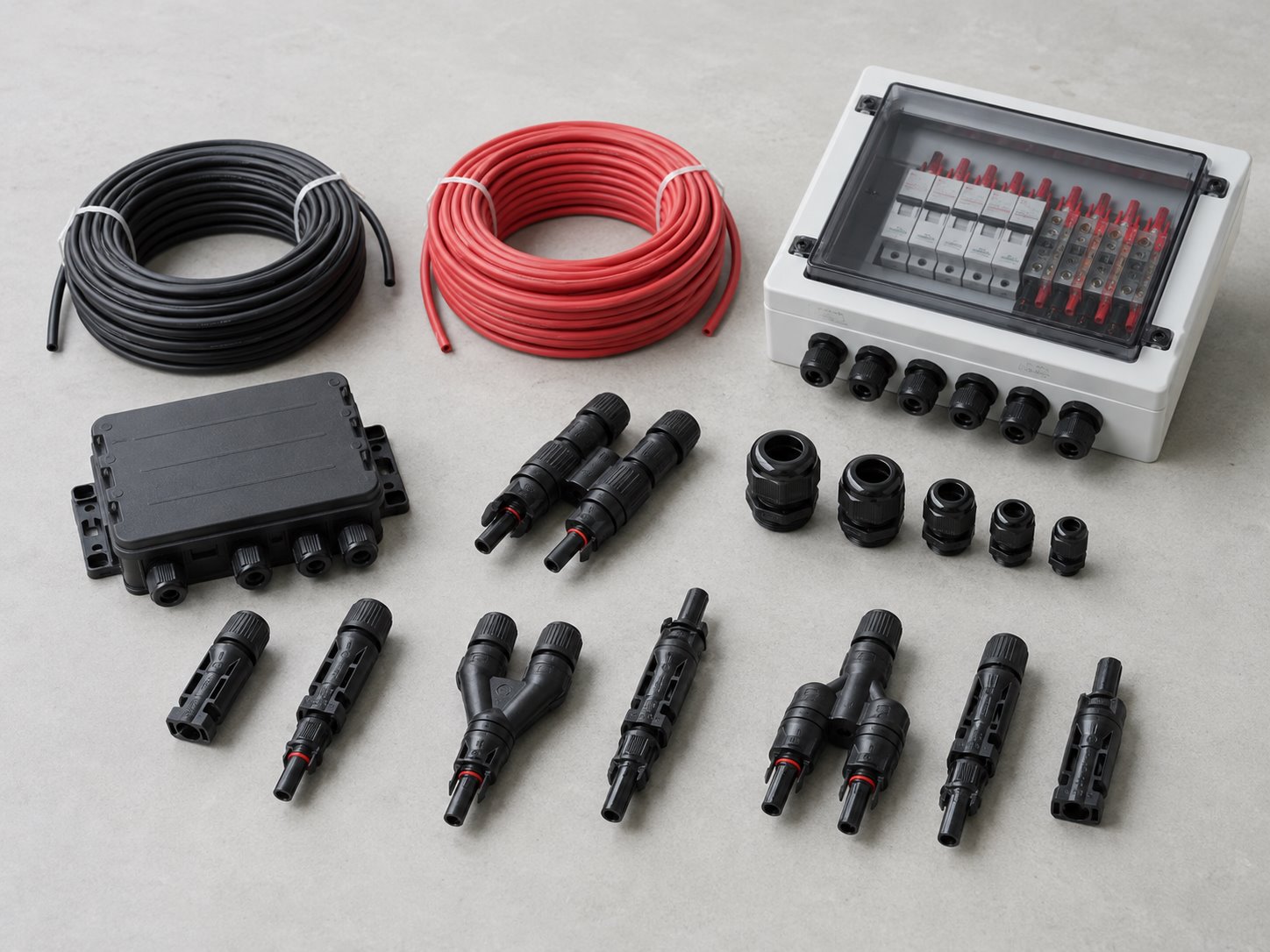 PV electrical accessories including MC4 connectors, PV cables and combiner box